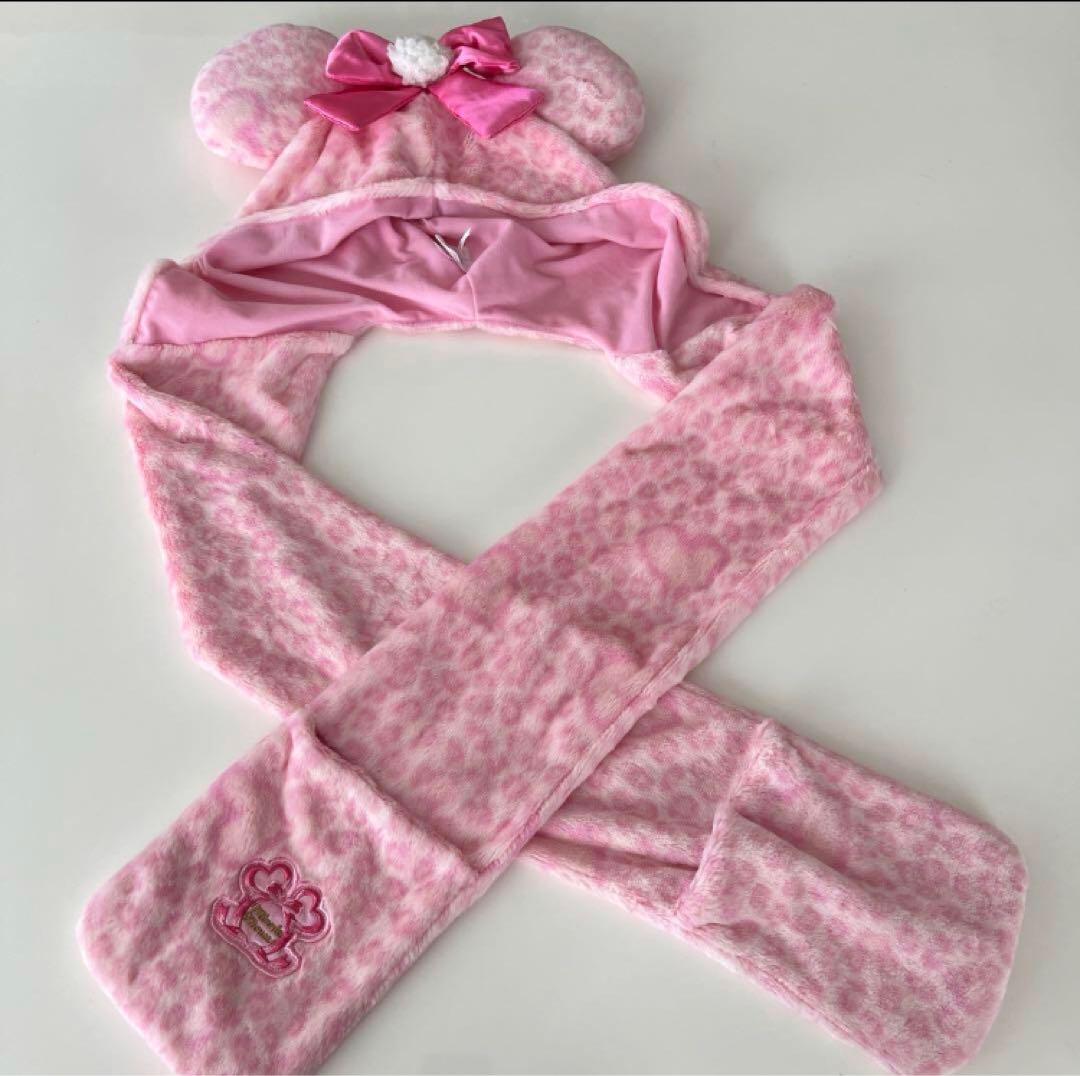 ディズニー ミニーちゃん マフラーキャップ ピンクヒョウ柄 ヒョウ柄