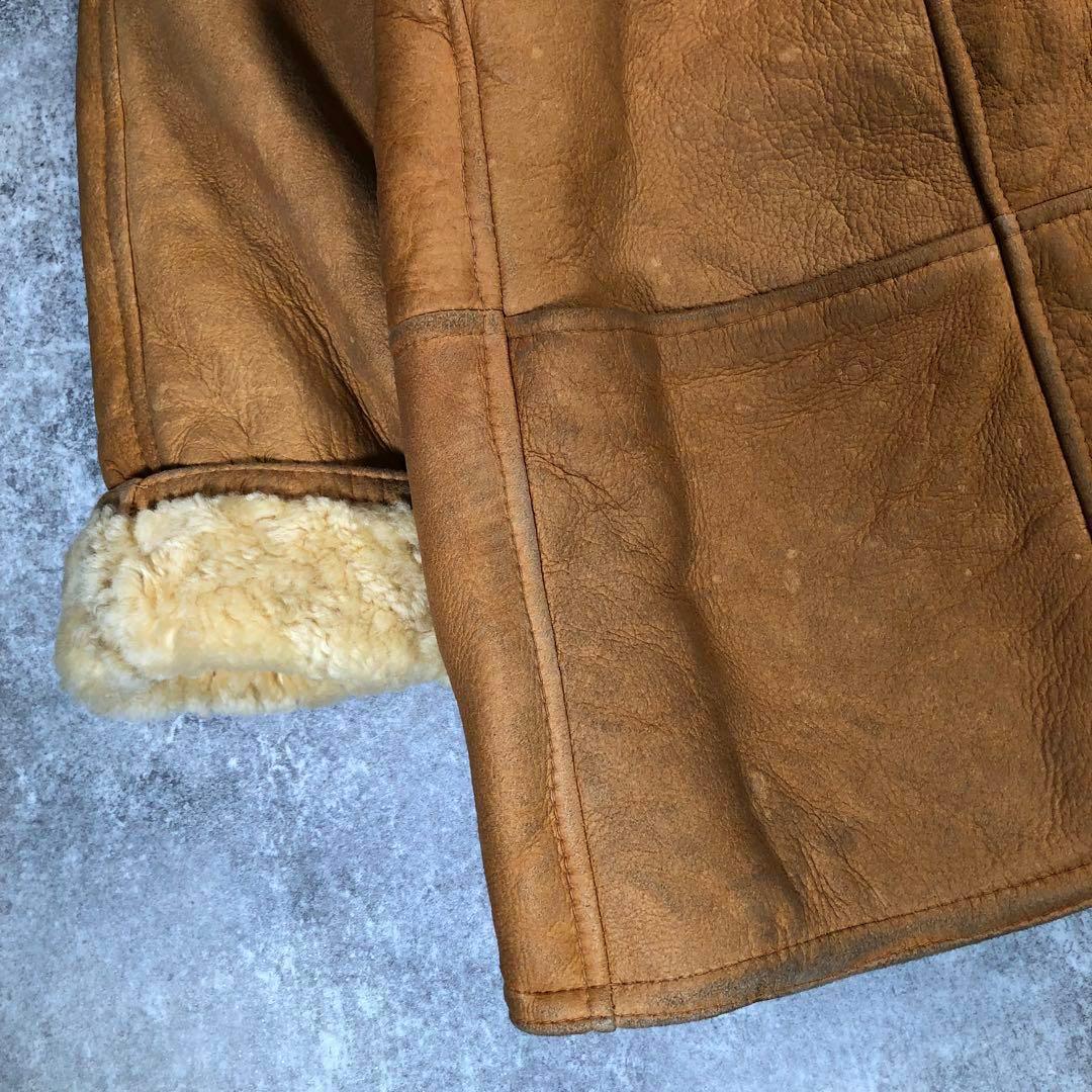 90s ムートンコート　本革　ボア　ウルグアイ製【L相当】レザーコート ブラウン