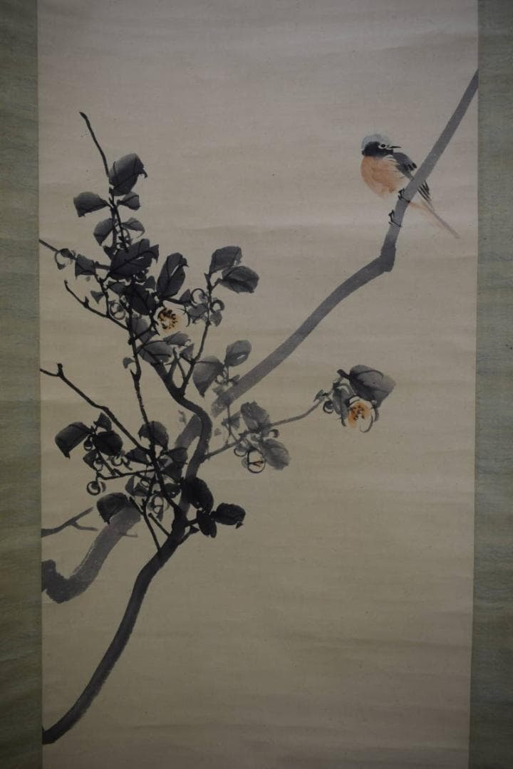 真作/松村景文/山茶花小禽図/布袋屋掛軸HI-349