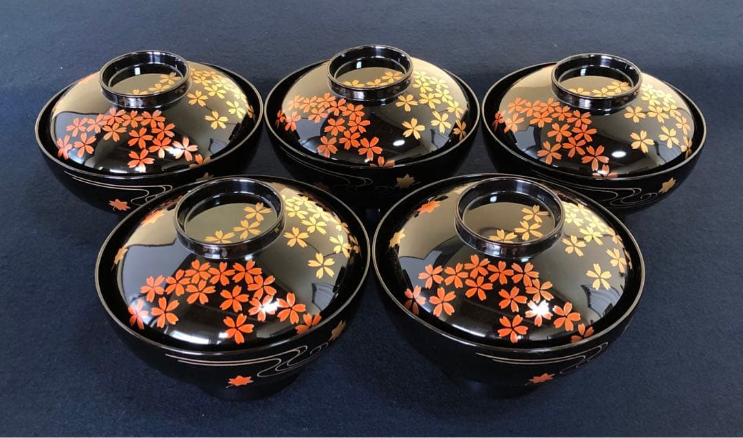 《レ》輪島塗 流水雲錦蒔絵 吸物椀5客 わじま龍作 共箱　251030う2