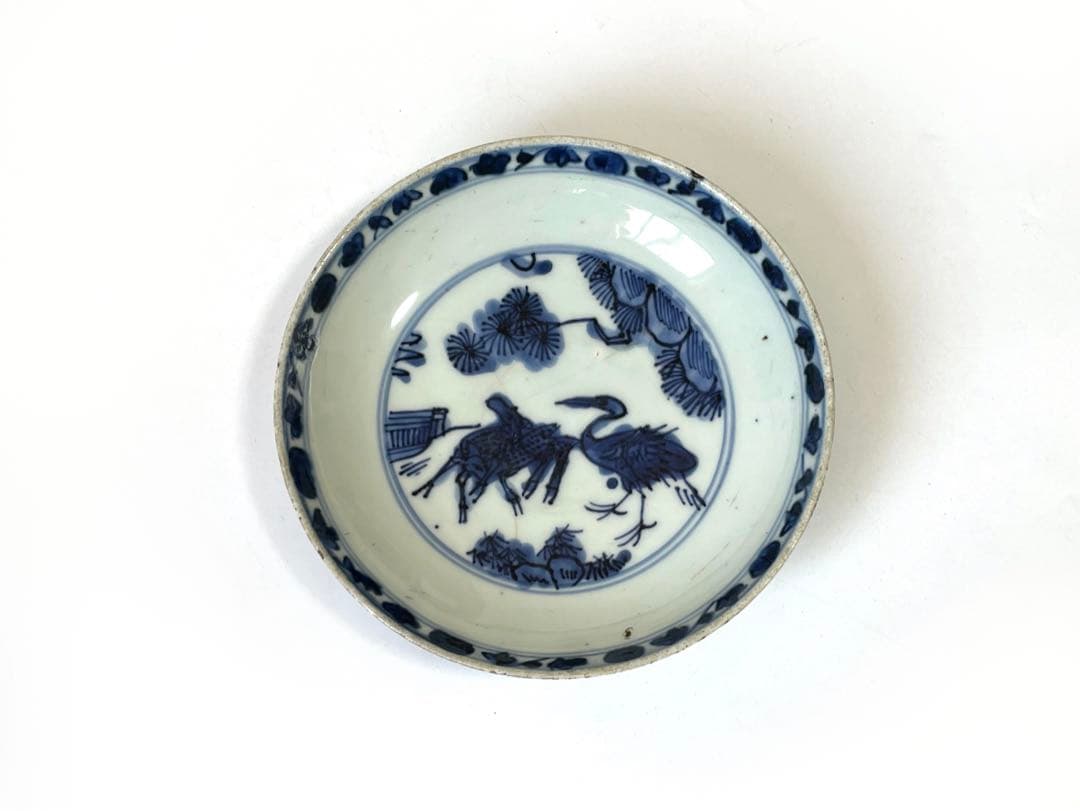 骨董 アンティーク 古染付 青花 松鹿鶴図 五寸皿 丸皿 清朝