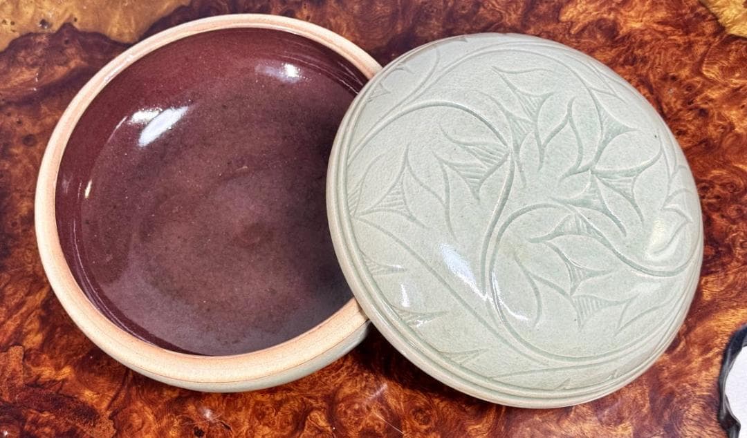 時代物 青磁刻輪花蓋物 捧合 約直径19cm 中国古玩 骨董古美術