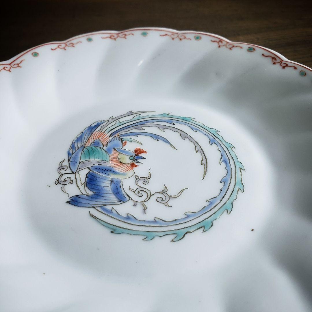 色絵付 皿 鳳凰 ねじり花弁縁 古伊万里 花文 唐草 銘 窯傷 ハ