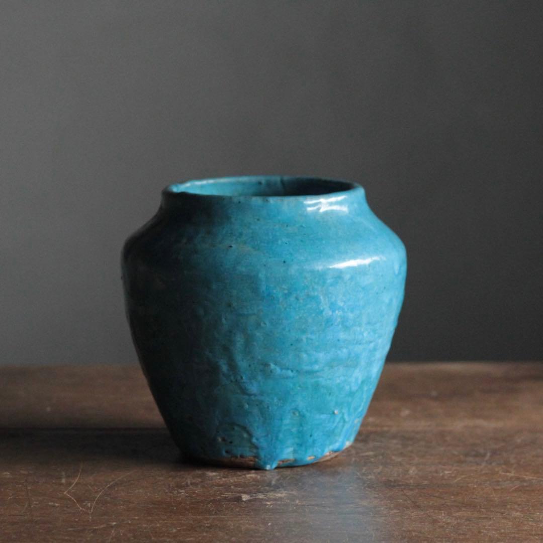 鮮やかな ターコイズブルー 壺 古道具 アンティーク 花器