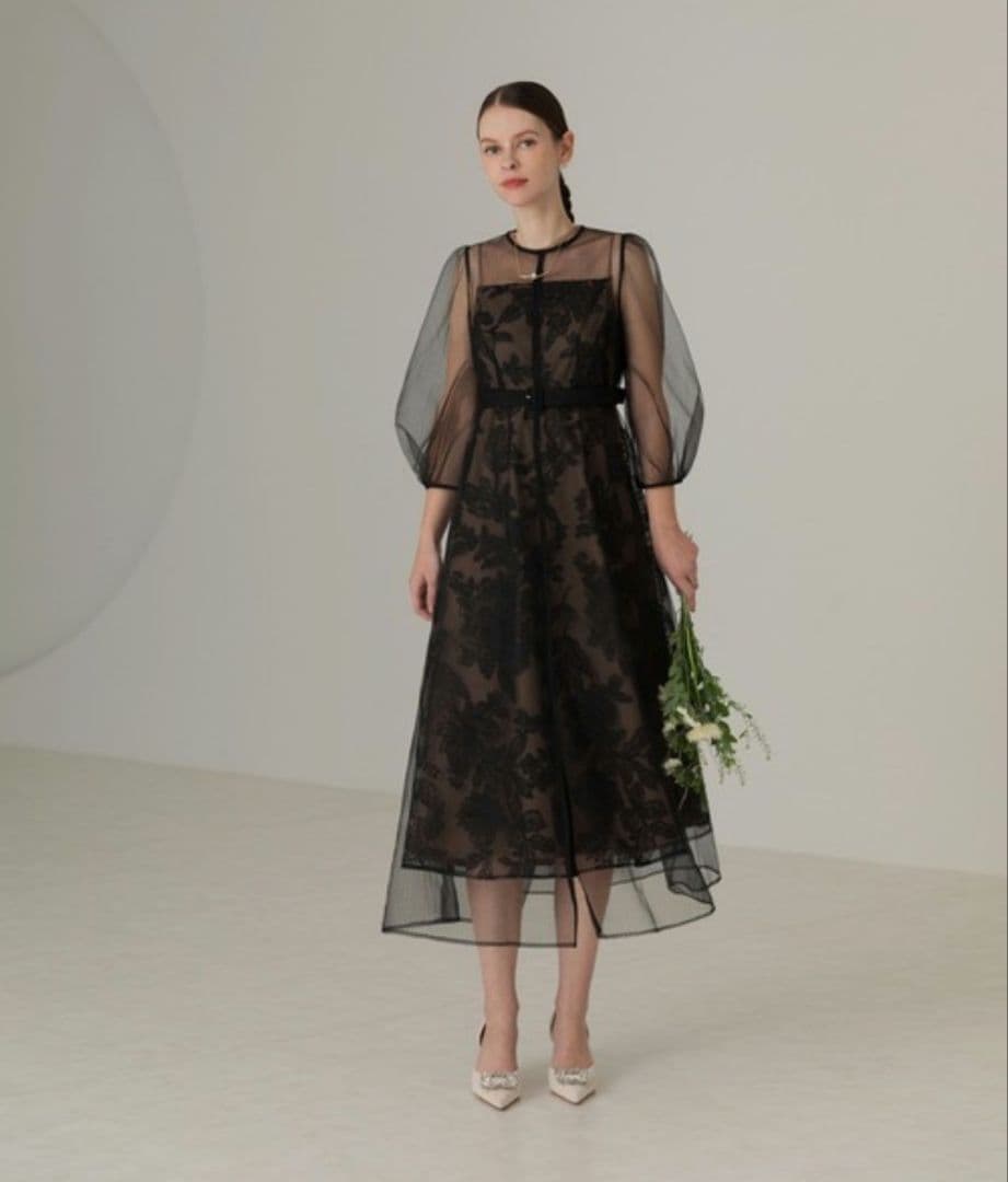 美品✨Leja チュールパイピングワンピース　２点セット　ブラック系　М セール】【LEJA】チュールパイピングリーフベルトAラインドレス