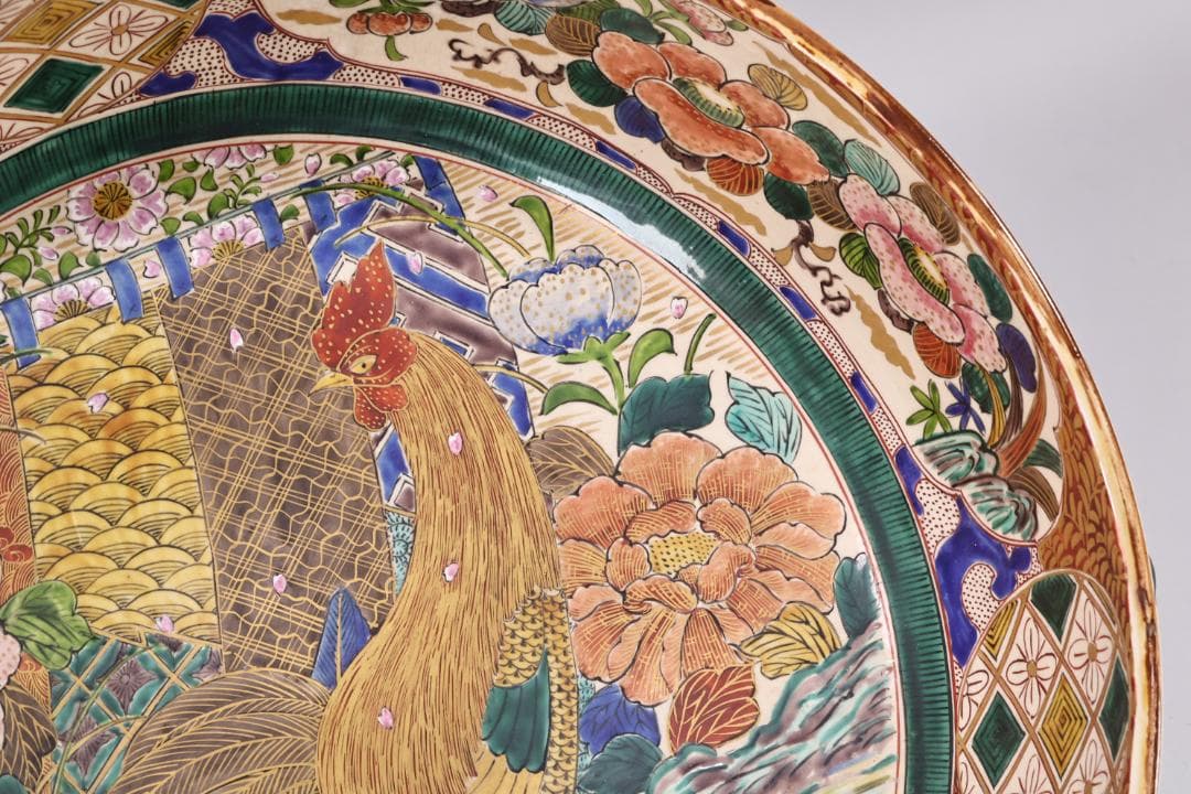 古九谷 九谷焼 吉田屋釜 花鳥鶏図 大鉢 金魚鉢 直径38.5㎝ BK139