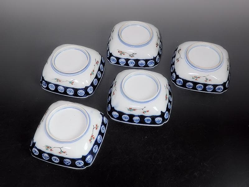 古伊万里　色絵　窓絵　花鳥紋の図　四方角皿　5客　1221AS-BFg