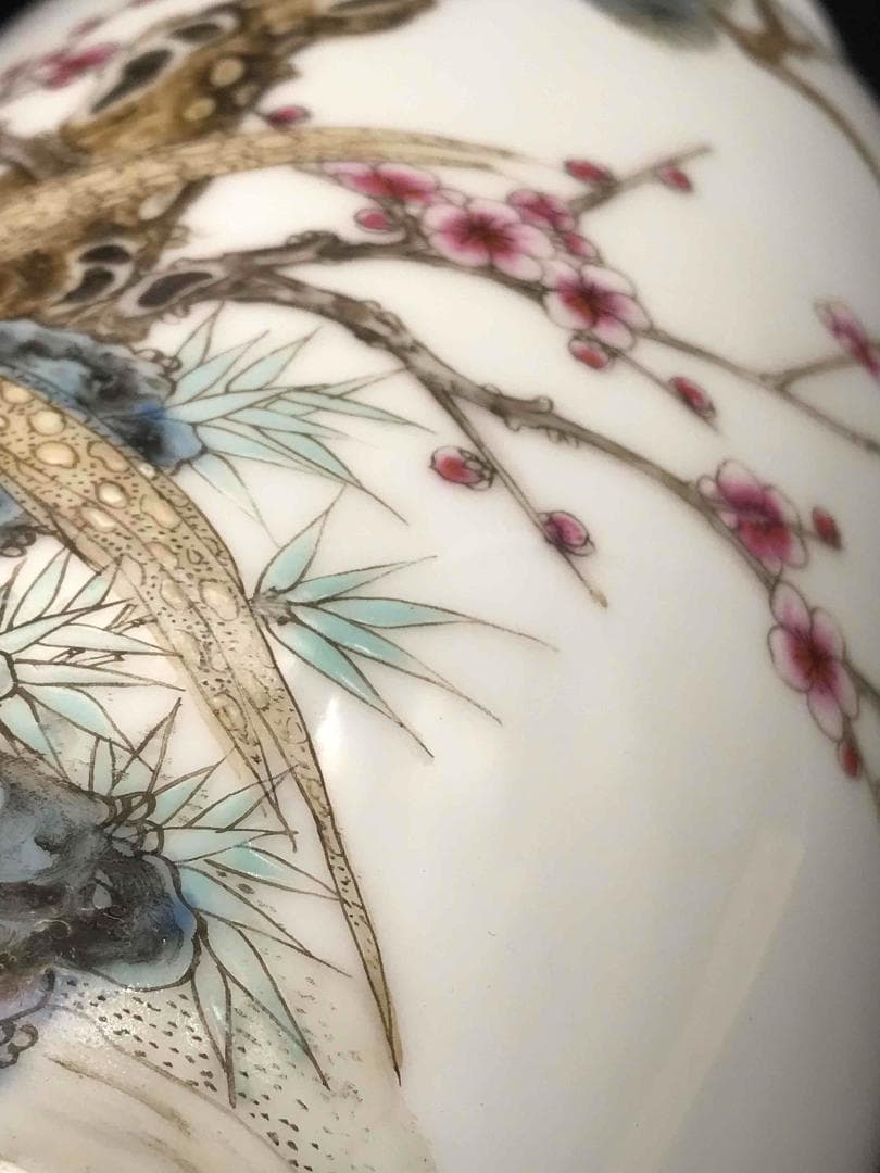 中国古美術 清時代 「大清光緒年製」在銘 粉彩花鳥詩文瓶 繊細細密(A