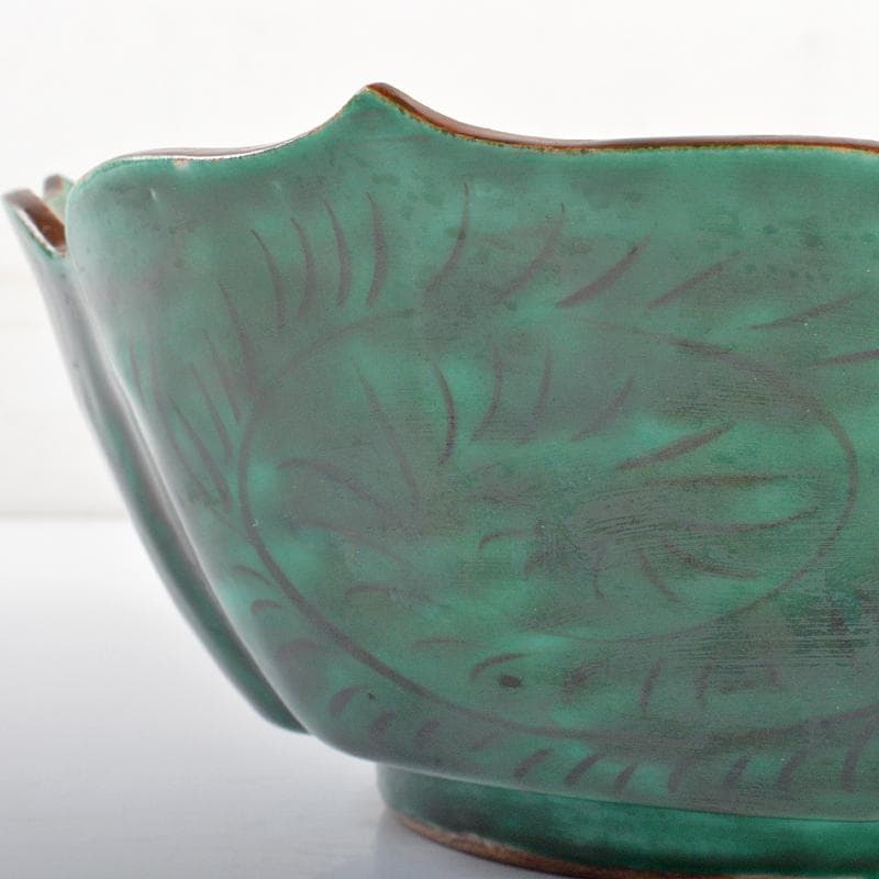 九谷焼　青手九谷　花鳥文　輪花鉢　角福銘　時代箱付　M　R6337B