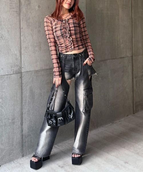 スパイラルガール 2WAYカーゴオーバーダイデニム ブラックデニム