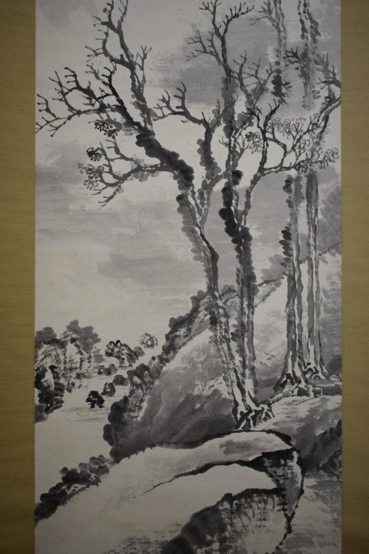 真作/松山/深渓群鳥図/桐共箱付/布袋屋掛軸HI-143