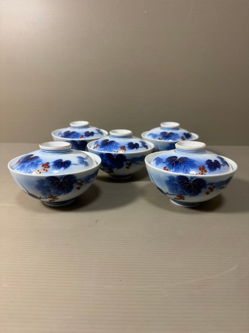 2211 有田焼 芳祥堂特製 葡萄瑠璃 蓋茶碗 5客