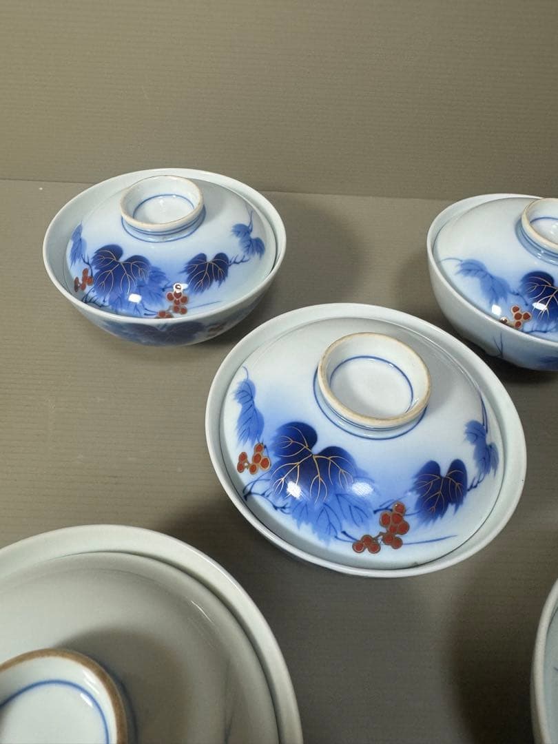 2211 有田焼 芳祥堂特製 葡萄瑠璃 蓋茶碗 5客