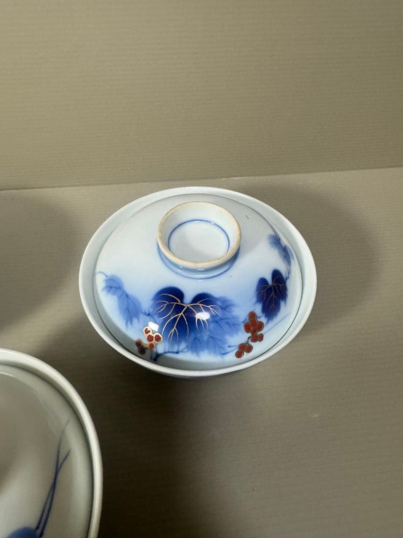 2211 有田焼 芳祥堂特製 葡萄瑠璃 蓋茶碗 5客