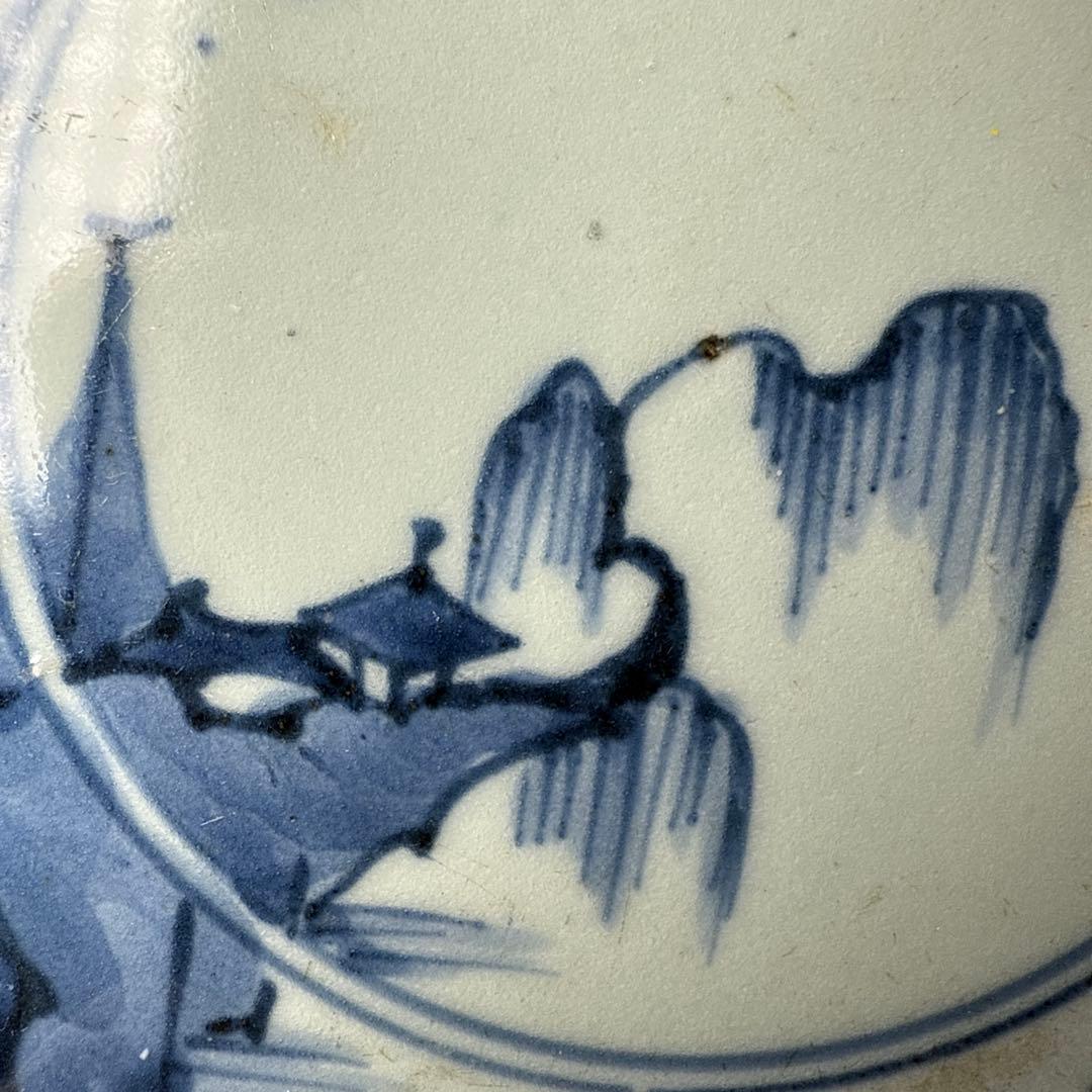 1700年代 江戸時代 古伊万里 染付花唐草風景図輪花皿 5