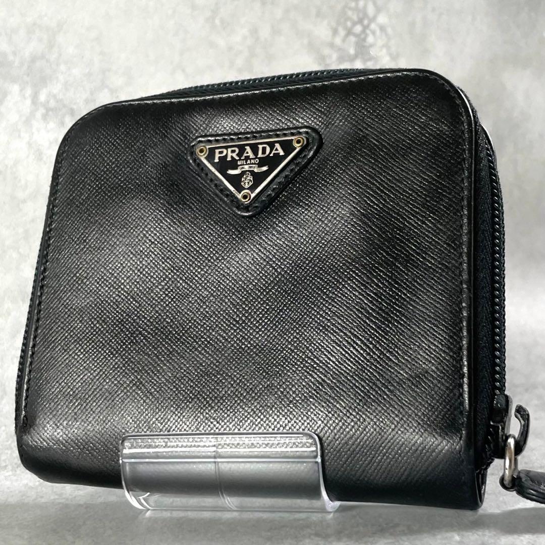 極美✨PRADA 二つ折り 財布 サフィアーノ レザー 三角ロゴ 黒