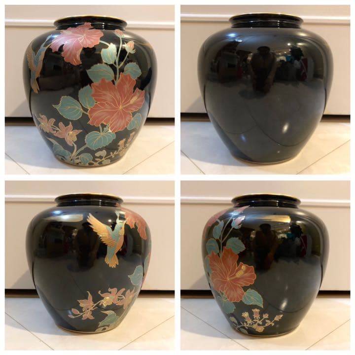 11 九谷焼 九谷陶孫作 花瓶 花鳥金彩 ハイビスカス 花 鳥文 花瓶 壺 壷