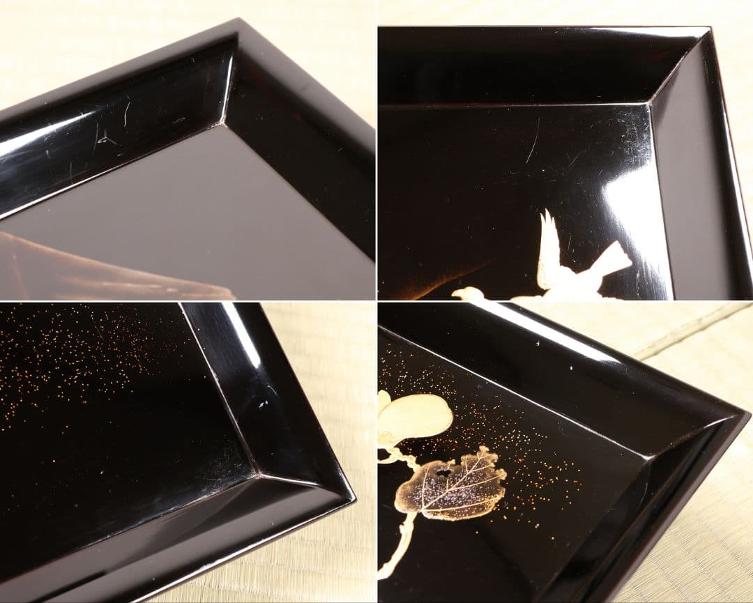 一富士二鷹三茄子 金蒔絵 黒塗四方膳 足付 五客 35cm 木製漆器【CM389