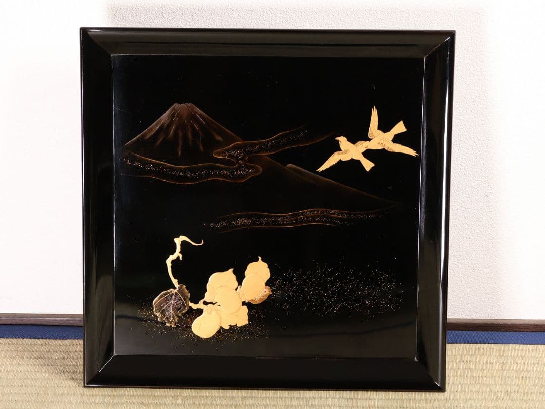 一富士二鷹三茄子 金蒔絵 黒塗四方膳 足付 五客 35cm 木製漆器【CM389