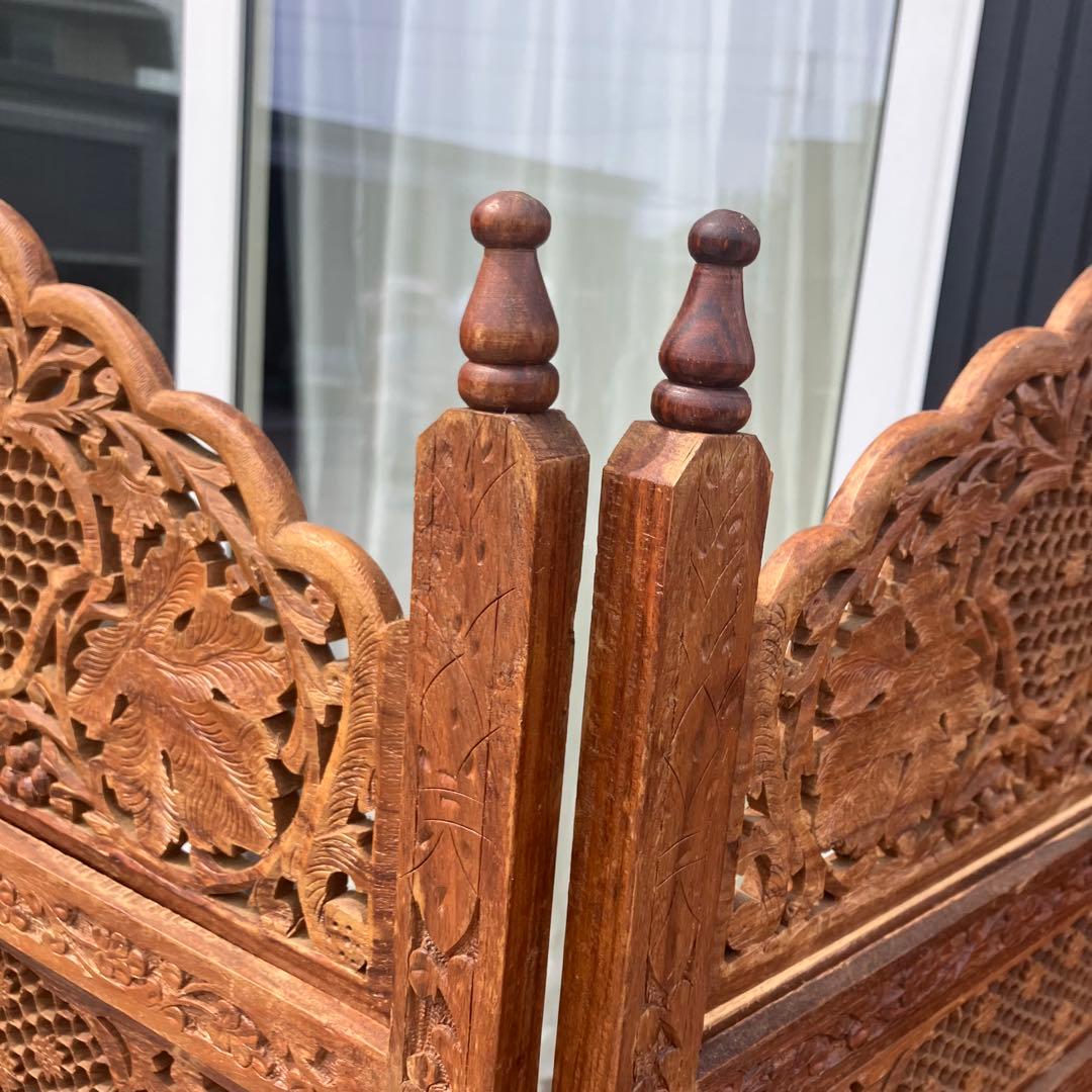 アジアンレトロ 装飾彫り 透かし彫り 木製 4連パーテーション 間仕切り