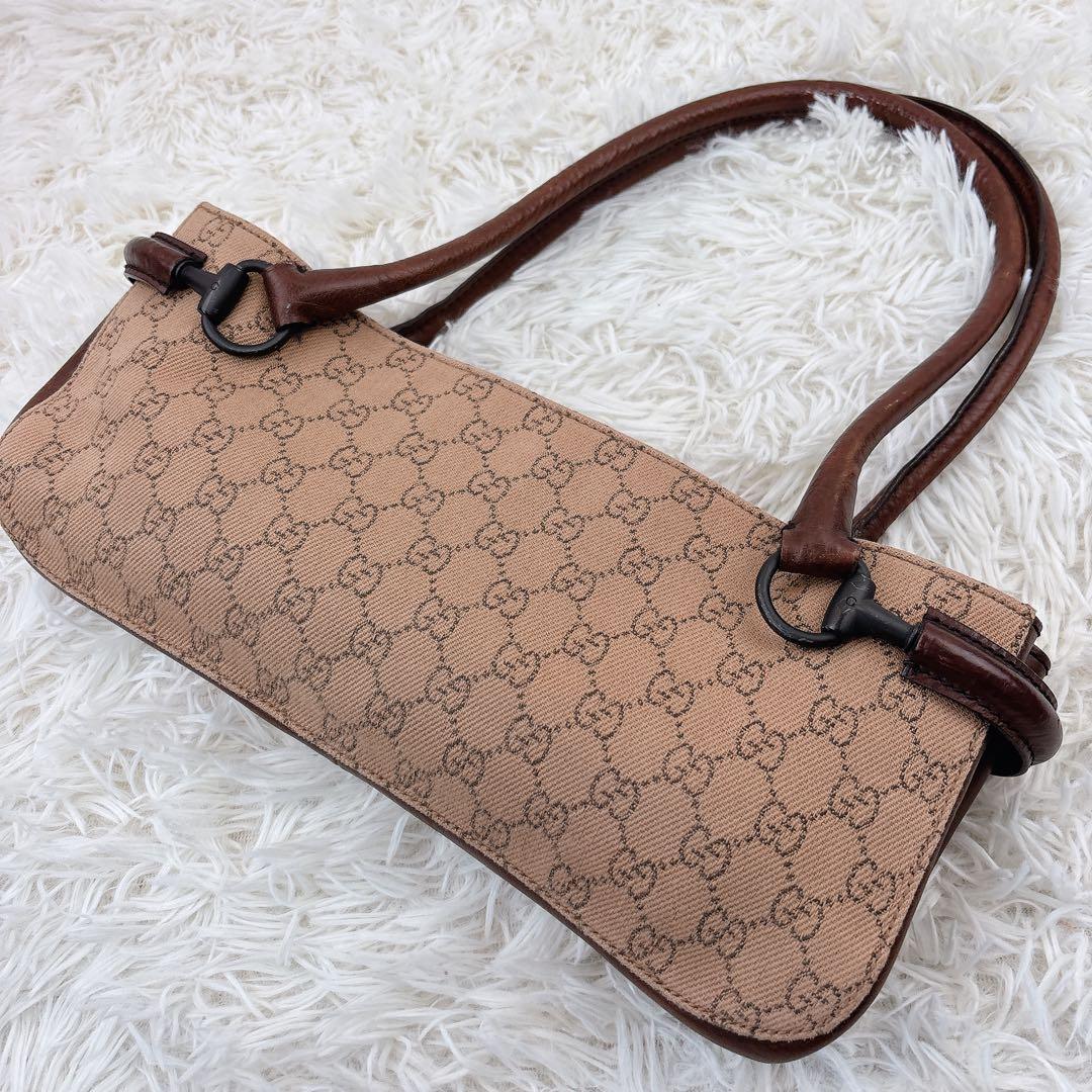 GUCCI グッチ　ハンドバッグ　GG　ホースビット　ブラウン　ビンテージ