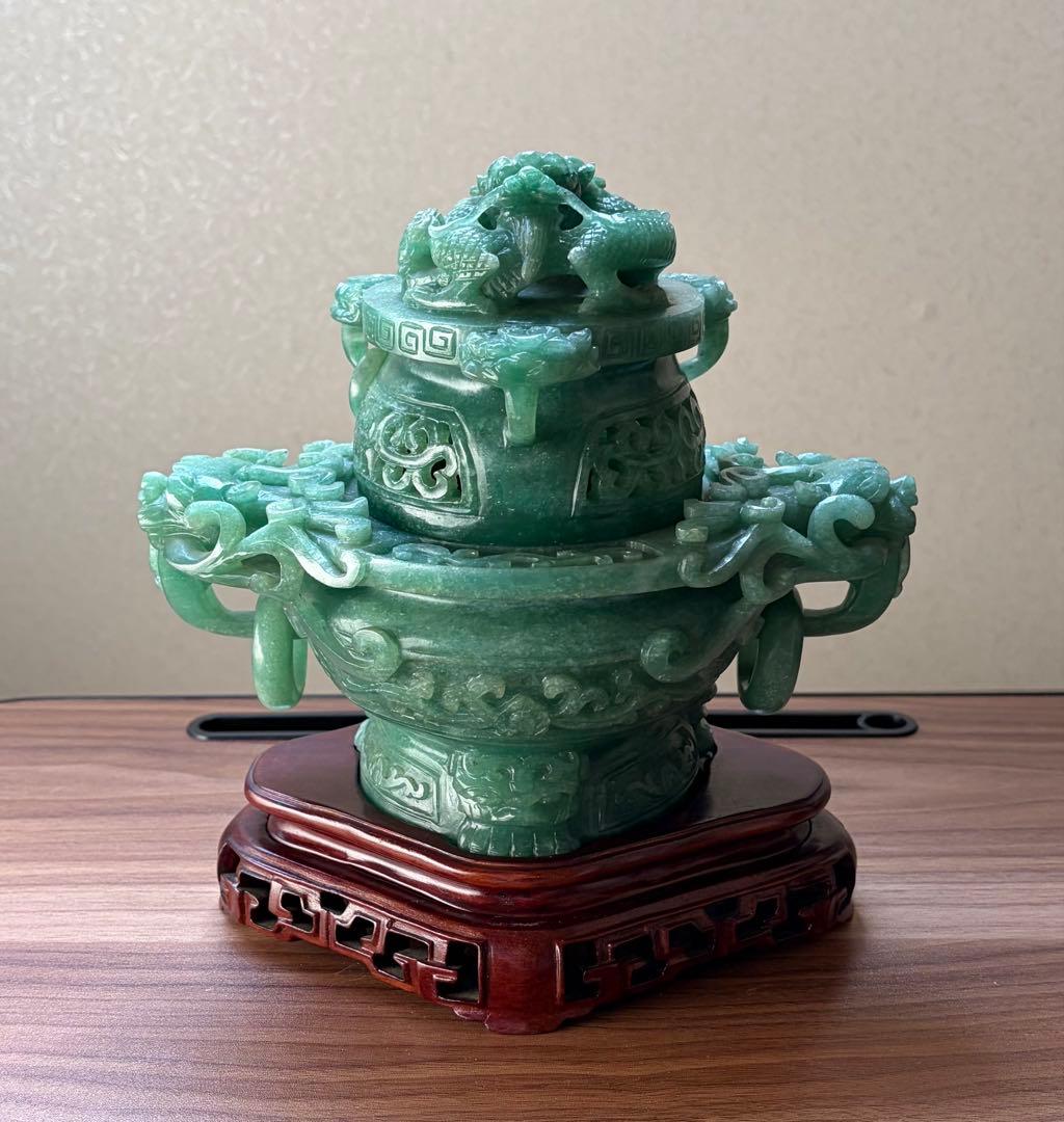 中国 香炉 翡翠 玉石 蓋付き ドラゴン彫刻 大きめ - メルカリ