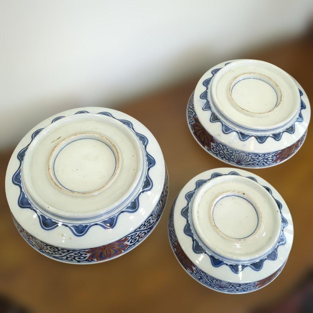 骨董 古伊万里 染錦 三っ丼 大中小 3つ 美品 鉢 器