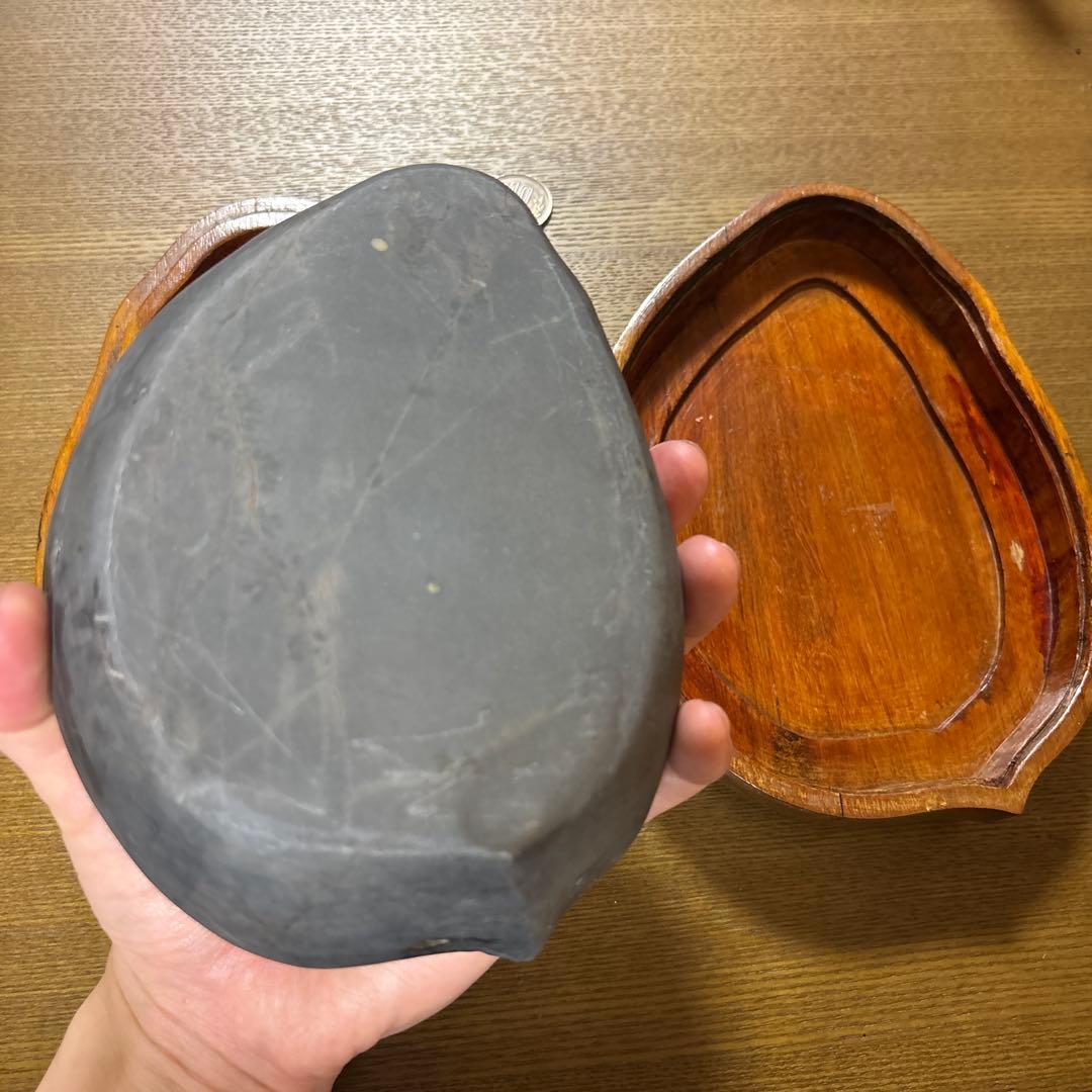 端渓硯　老坑　卵型 硯箱 鳥の彫刻付き