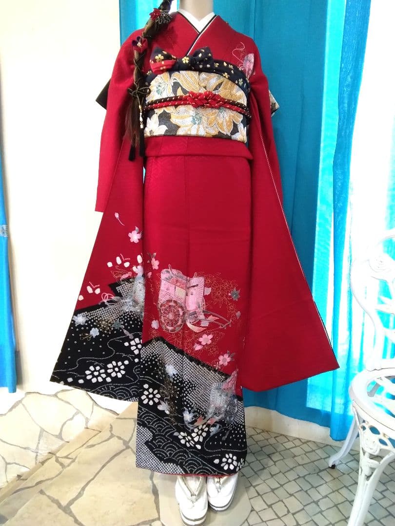 振袖フルセット、やまと誂製絞り成人式、重ね衿帯揚げ帯締め、袋帯