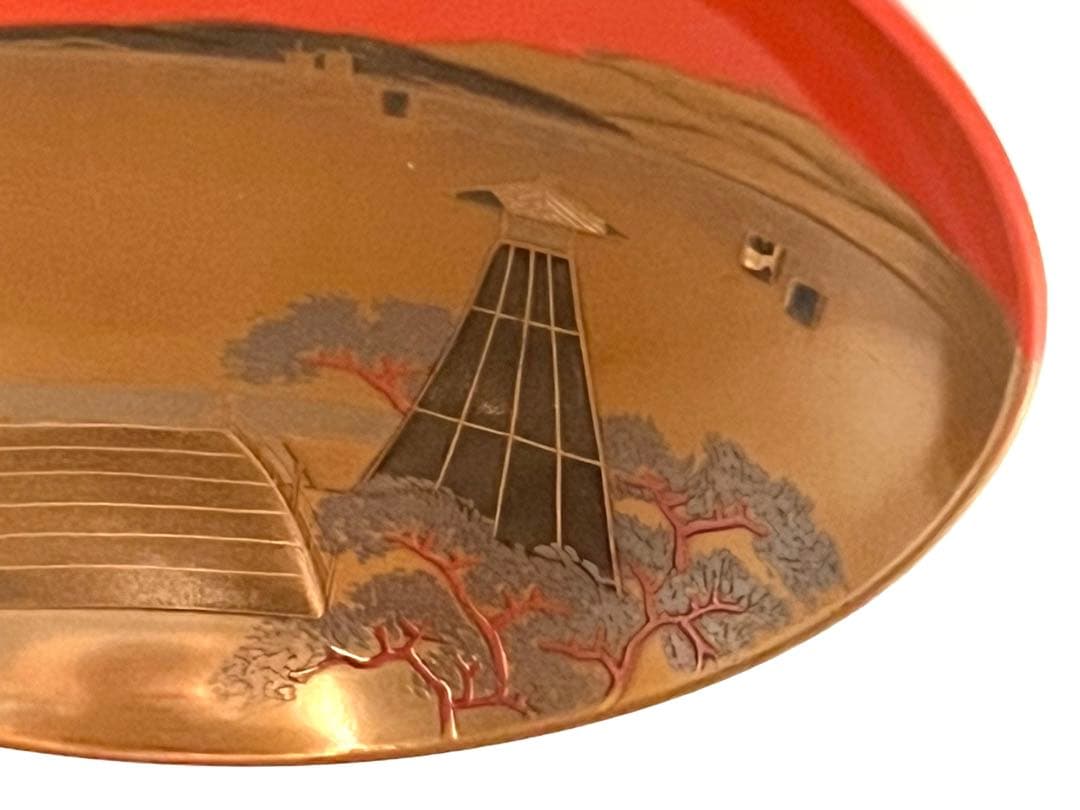 三つ組盃 金銀蒔絵 塗り師 春仁造 箱入り 田子の浦 二見ヶ浦 三保松原