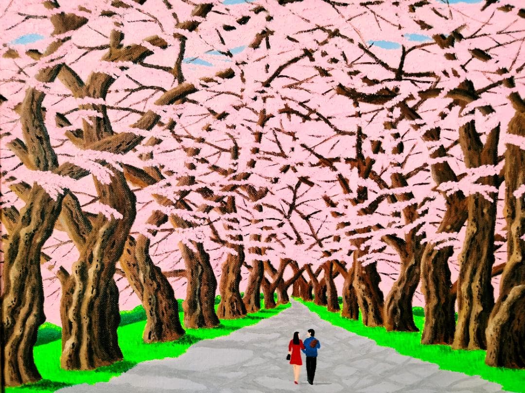 ★桜並木・肉筆油彩画・F6キャンバス