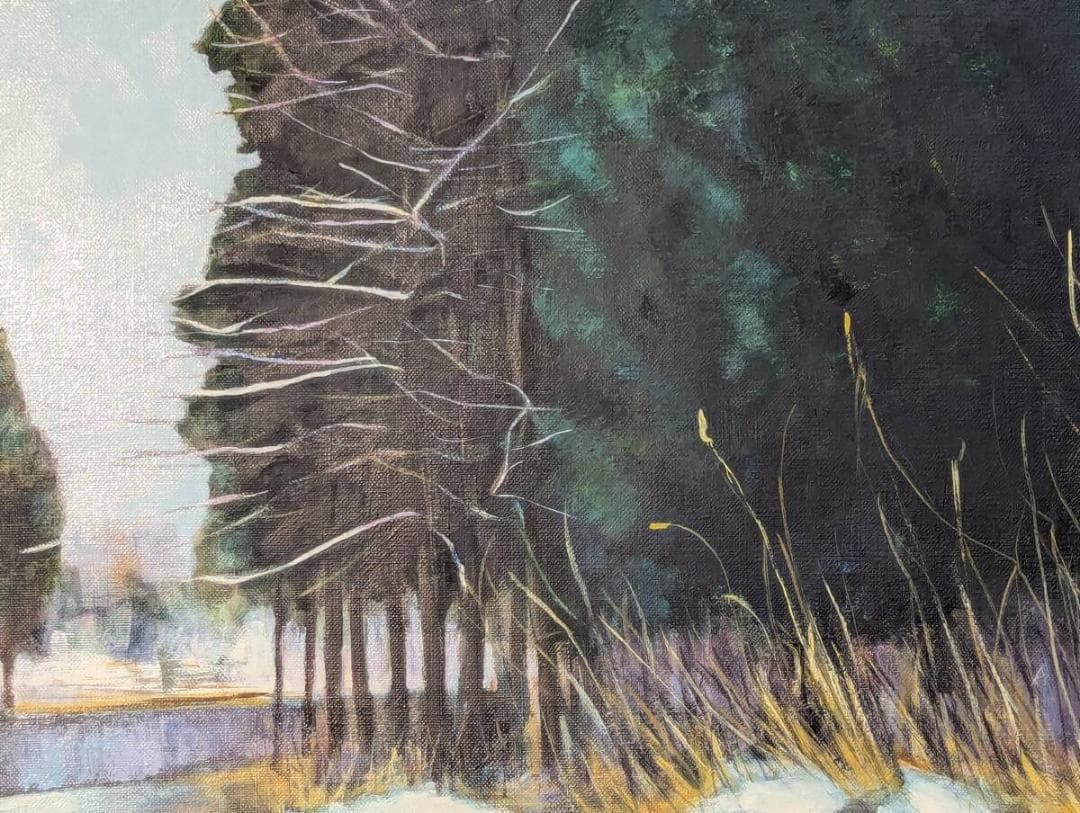 【真作】絵画　岡新市　油彩10号　冬の並木道　静寂の森風景　冬景色　Y153