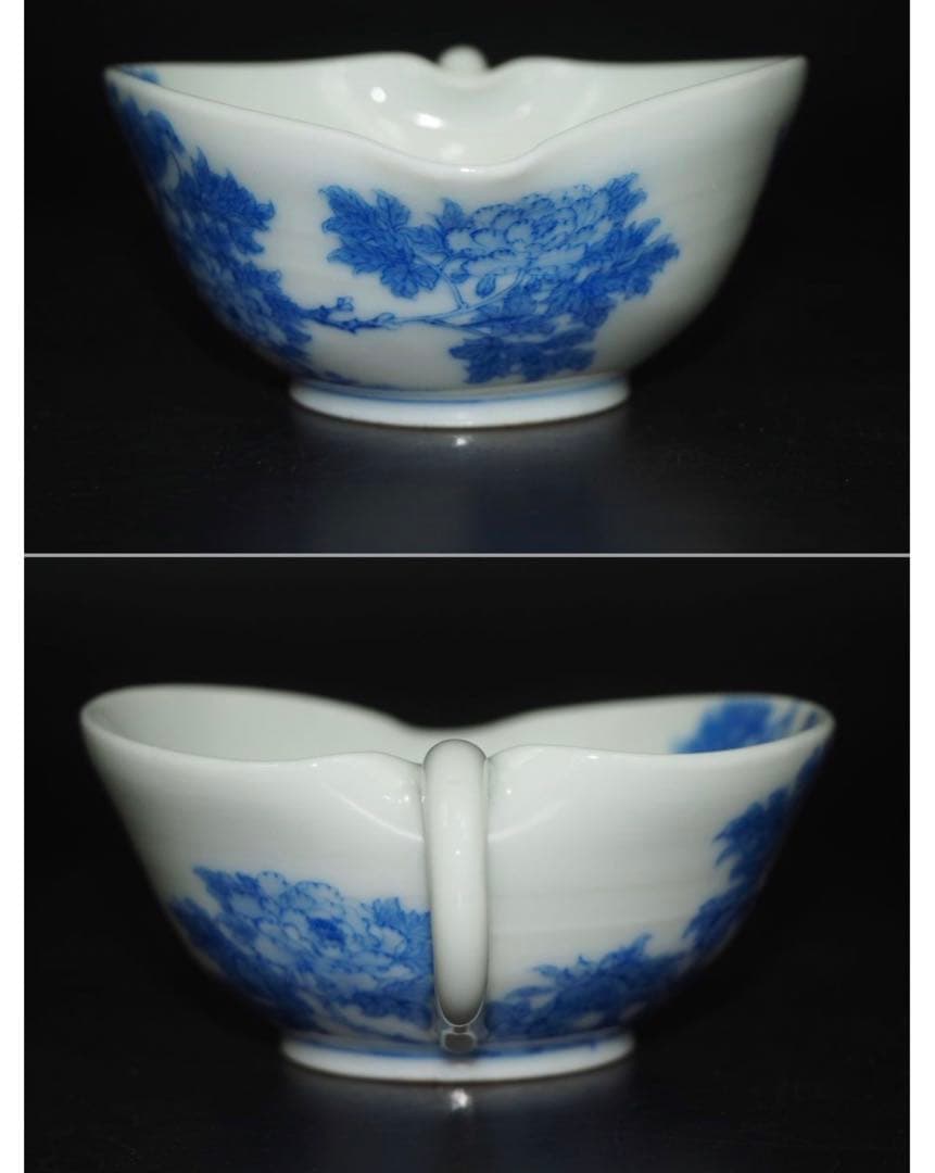 送料無料　明治期美濃焼の名工　加藤五輔造染付細密画牡丹之図茶器