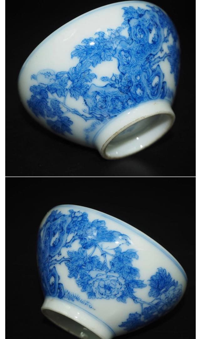 送料無料　明治期美濃焼の名工　加藤五輔造染付細密画牡丹之図茶器