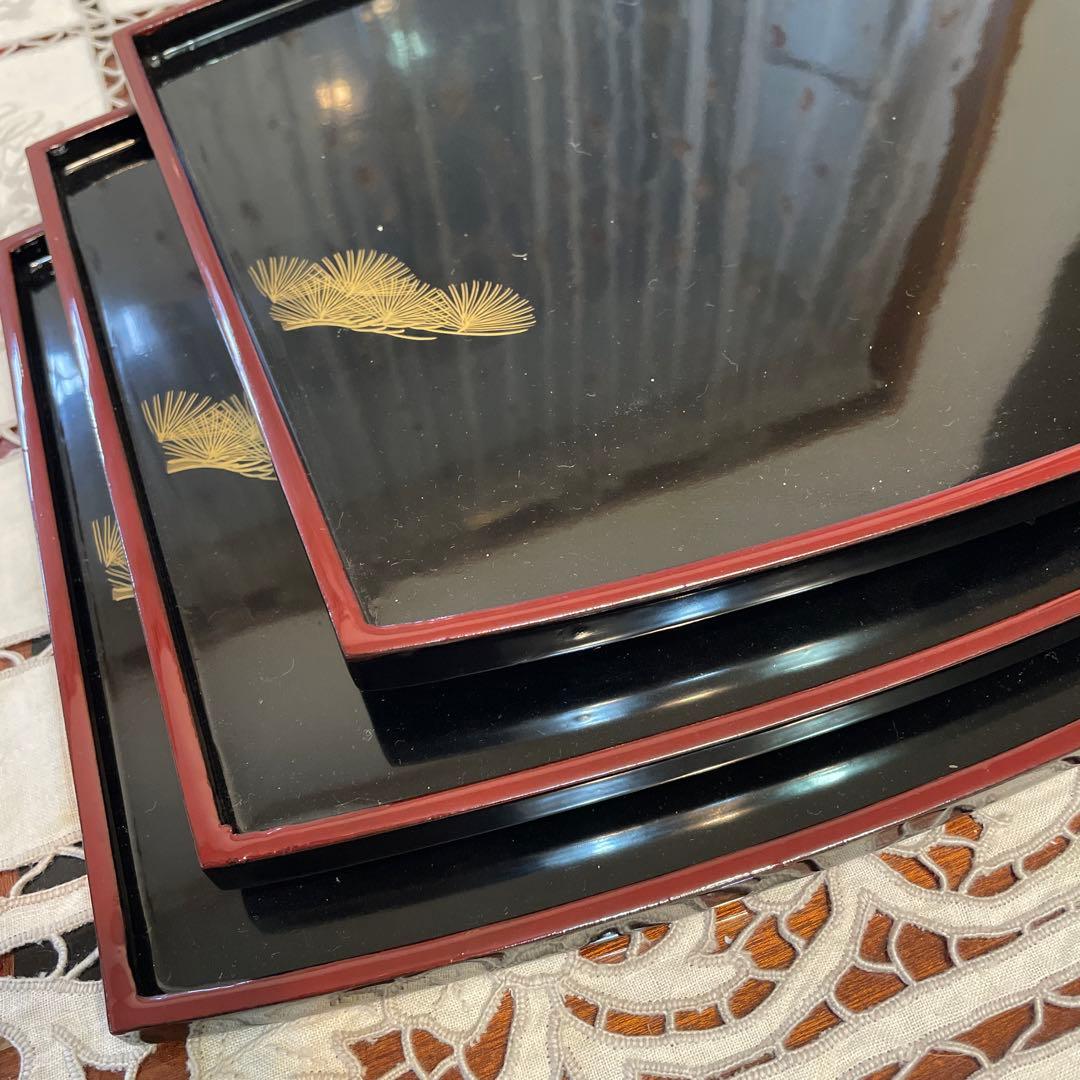 天然木　漆塗り　沈金　折敷　小膳　三枚