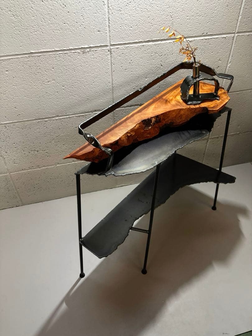 欅サイドテーブル 鉄家具 アイアンシェルフ ナイトテーブルコーヒー