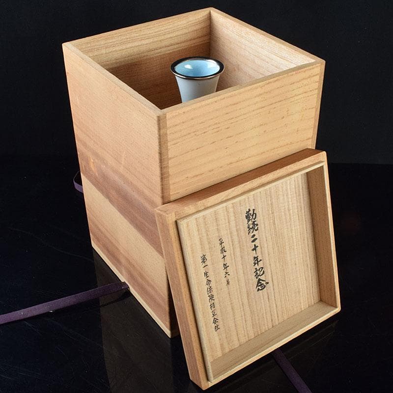 七宝焼 安藤七宝店造 青玉釉 唐草文 花瓶 共箱 D R9181H