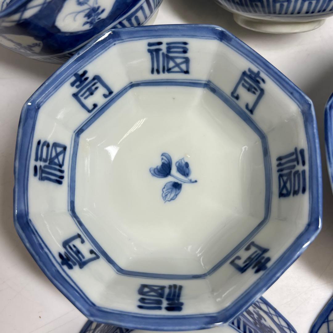 古伊万里　染付八角向付9客　木箱付　口径約12.5㎝東Y7-1225☆2Fタサチ