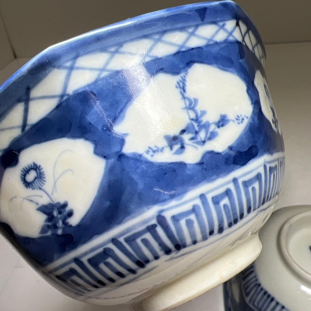 古伊万里　染付八角向付9客　木箱付　口径約12.5㎝東Y7-1225☆2Fタサチ