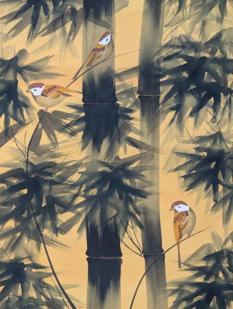 【真作】掛軸　吉田秀光　竹雀　華やぎの和風掛け軸　伝統美　共箱入　S110