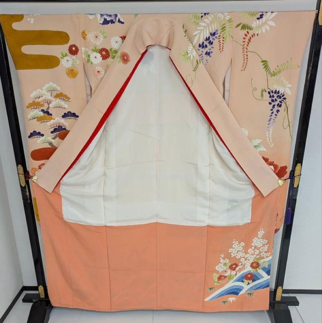 振袖 裄67 作家物 セミアンティーク 一つ紋 青海波に花柄金彩正絹T-3215