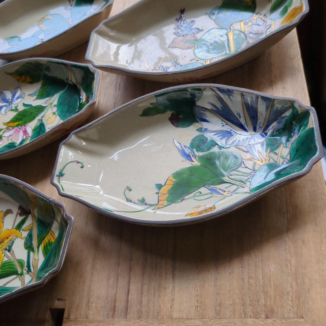 骨董 九谷焼 舟形 図変わり 色絵 花尽くし 向付 器 皿 5枚 変形皿