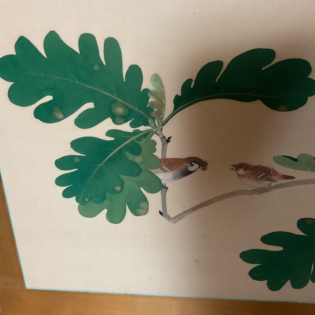 作者不詳作 落款印譜在 絹本花鳥画 無花果に雀図 額装仕立て｜