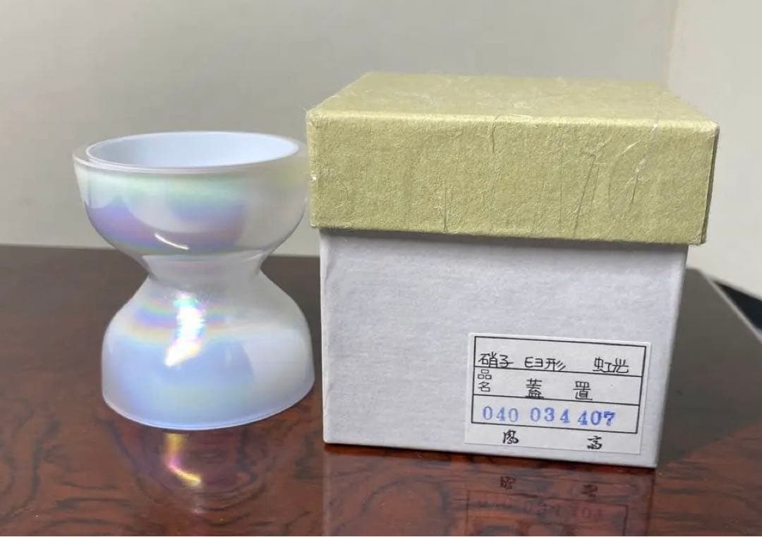 【茶道具】上野良樹造　ガラス蓋置　陶象造　花鳥画蓋置セット