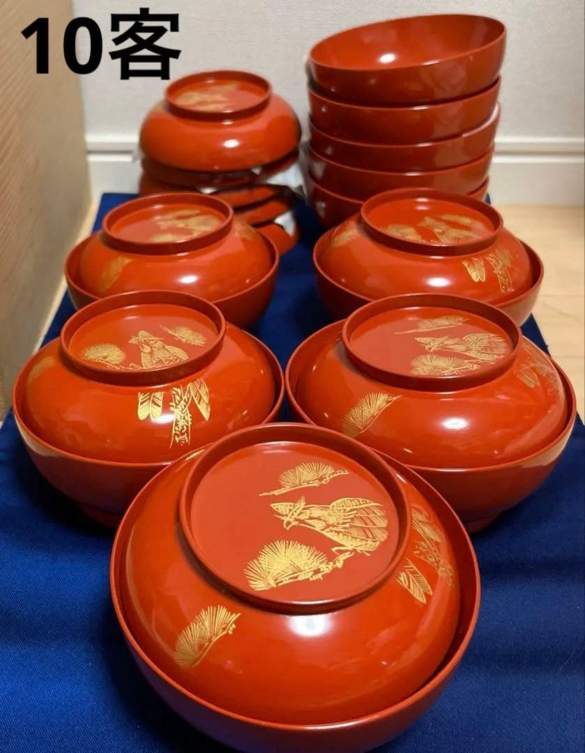 輪島塗漆器蓋付 吸物椀沈金朱塗煮物雑煮10客汁椀鷹と松紋