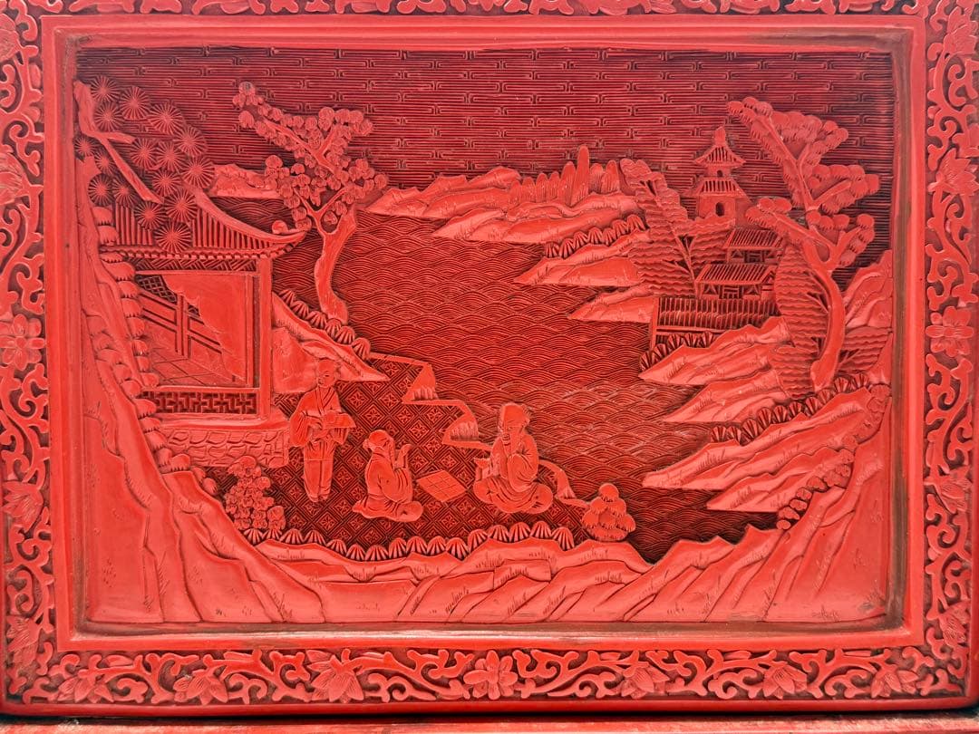 中国　堆朱　硯屏　山水人物&龍紋　送料込み250305