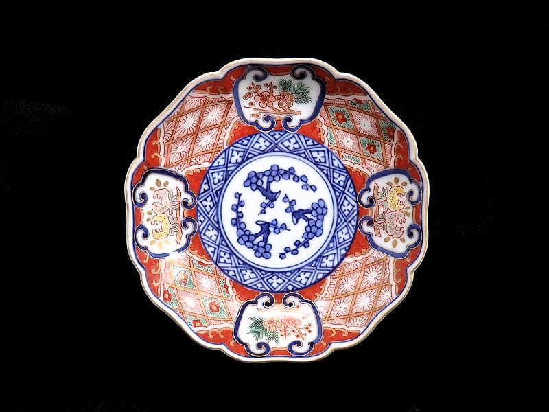 大聖寺伊万里　窓絵　柘榴　松　梅　菊花四方襷紋の図　４寸皿　５枚　AS-fbjf