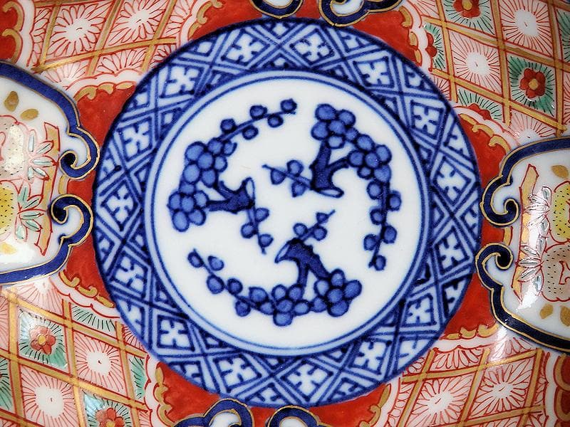 大聖寺伊万里　窓絵　柘榴　松　梅　菊花四方襷紋の図　４寸皿　５枚　AS-fbjf