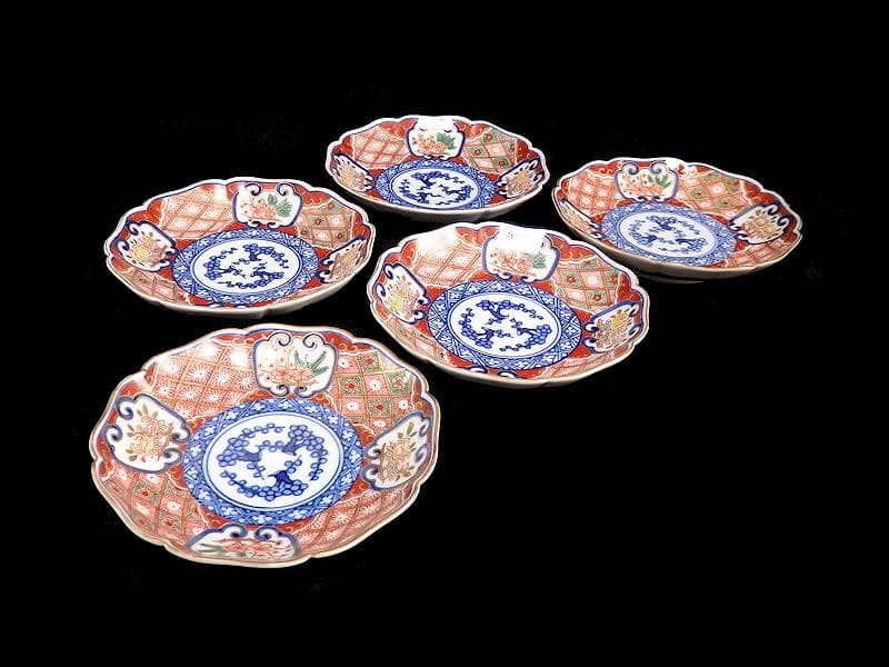 大聖寺伊万里　窓絵　柘榴　松　梅　菊花四方襷紋の図　４寸皿　５枚　AS-fbjf