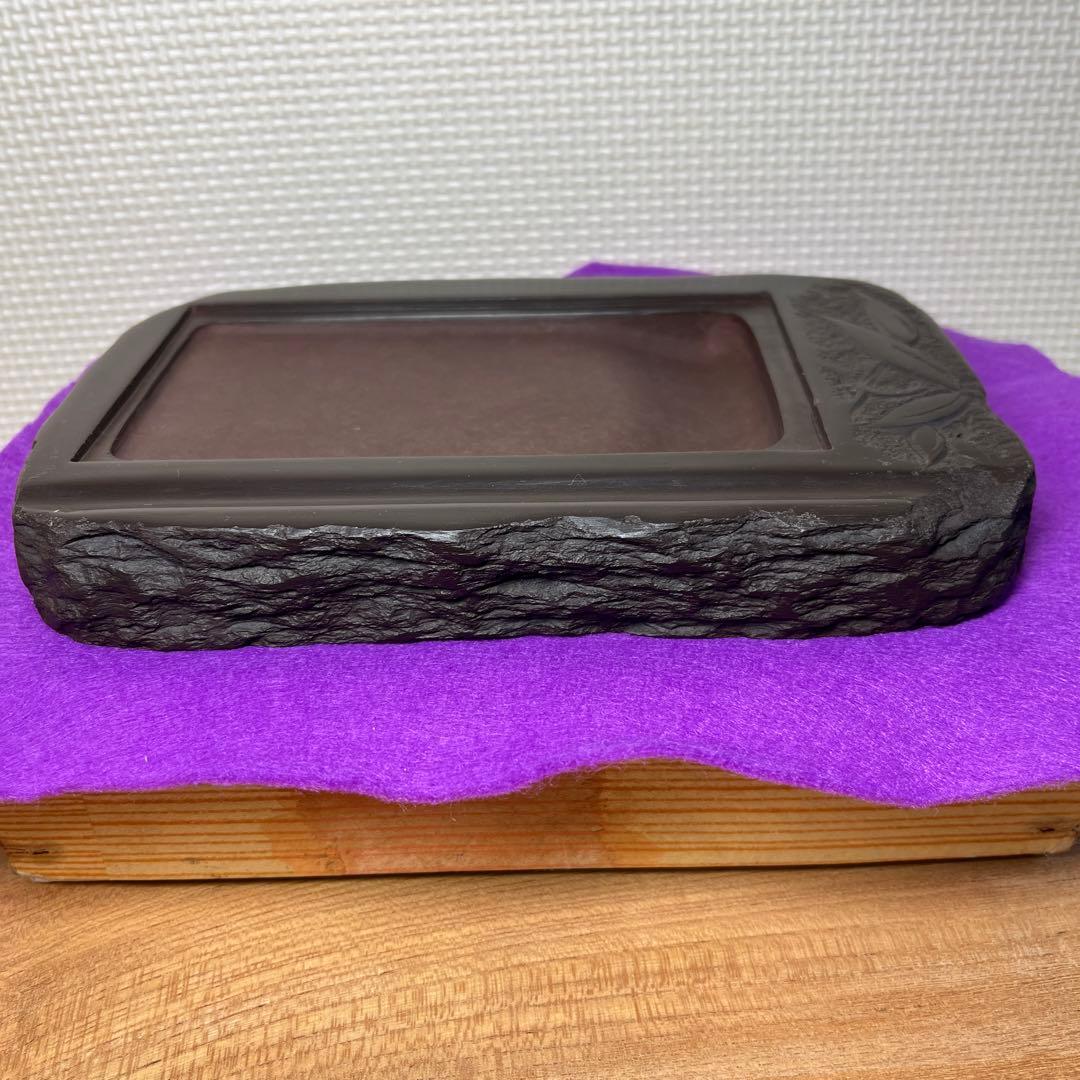 ⭕️赤間硯 植野玉泉堂 玉泉 笹竹葉彫刻石共蓋付き 手間あり入念 蓋